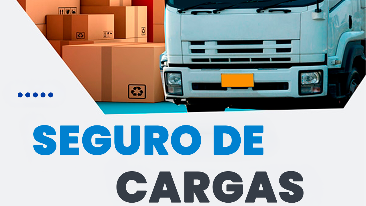 Caminhão branco de transporte de mercadorias estacionado ao lado de caixas de papelão empilhadas, com o texto explicativo 'SEGURO DE CARGAS' em destaque no banner da Perfekta Seguros.
